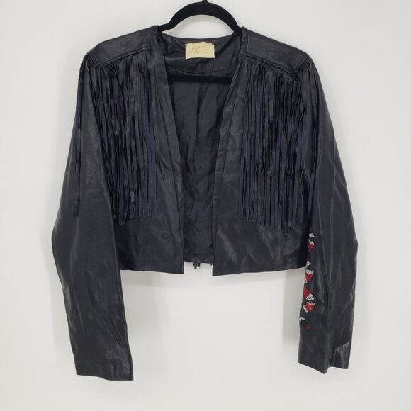 Judith March Faux Leather Fringe Trim Jacket L Rhinestone Snake Black Red - Picture 1 of 9